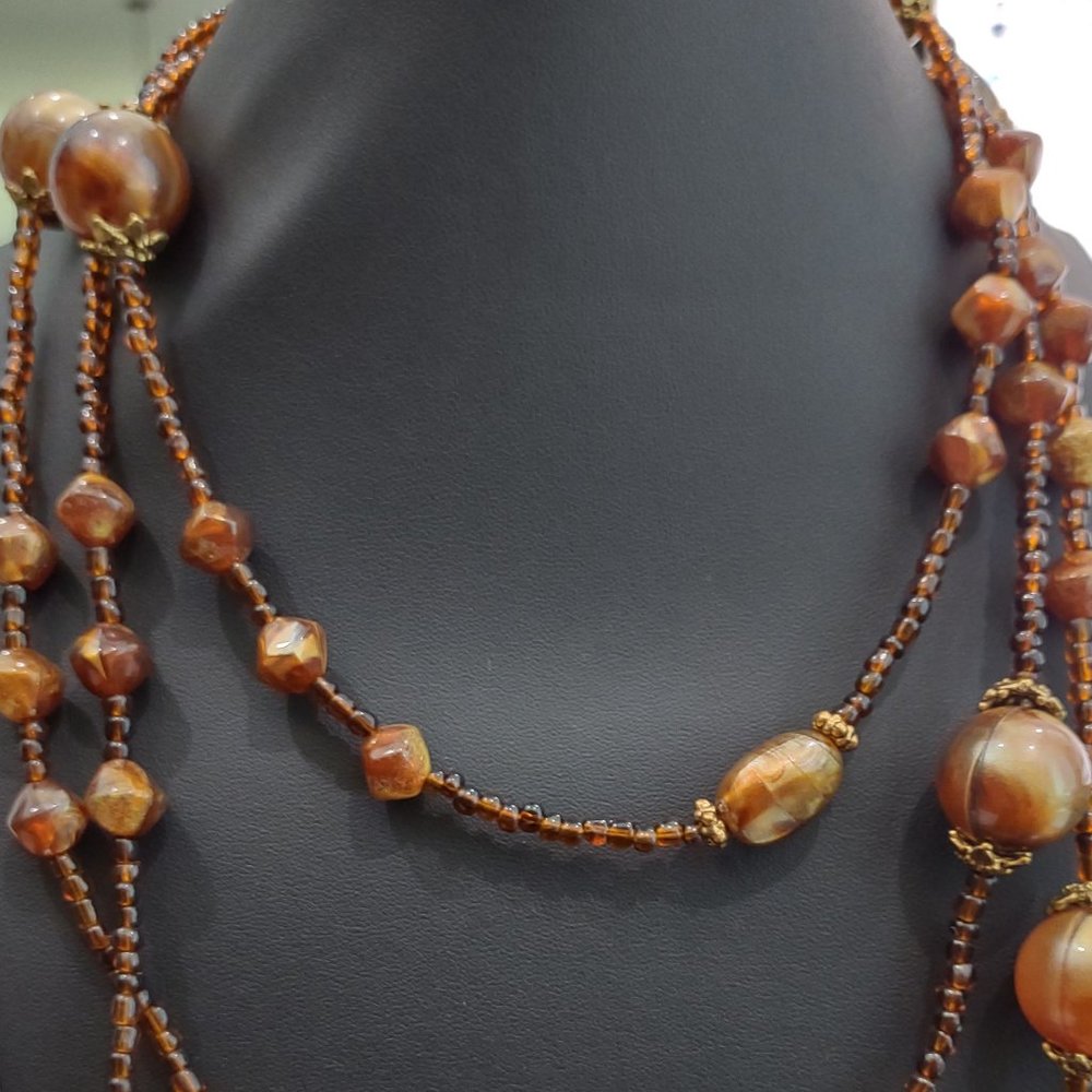 Vintage Brown, Gold and Amber Beaded Necklace and Earring Set - Picture 9 of 9